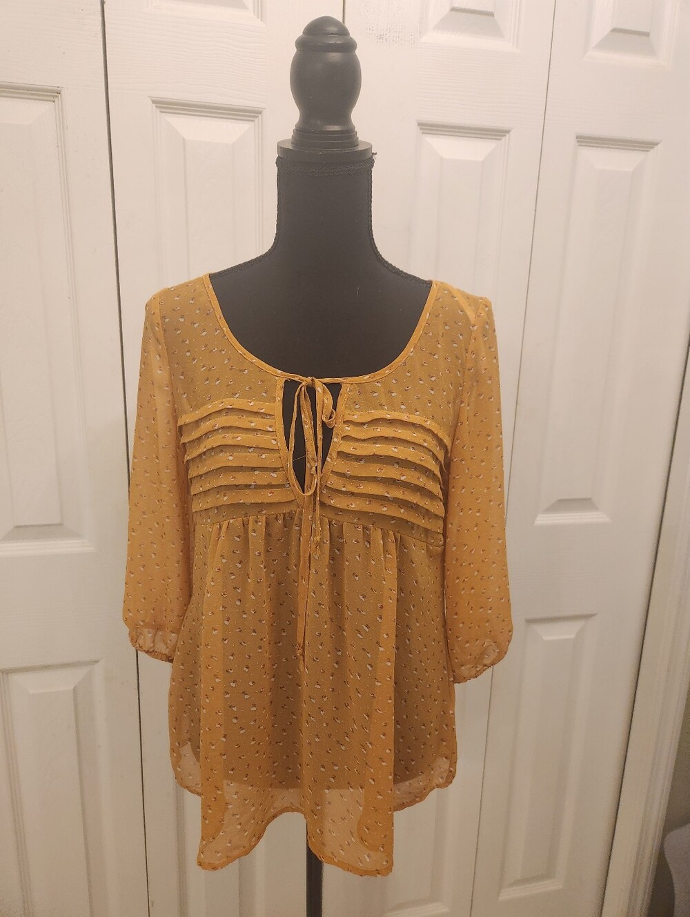 Papaya Mustardyellow Tie-Front Print Peasant Blouse - Women